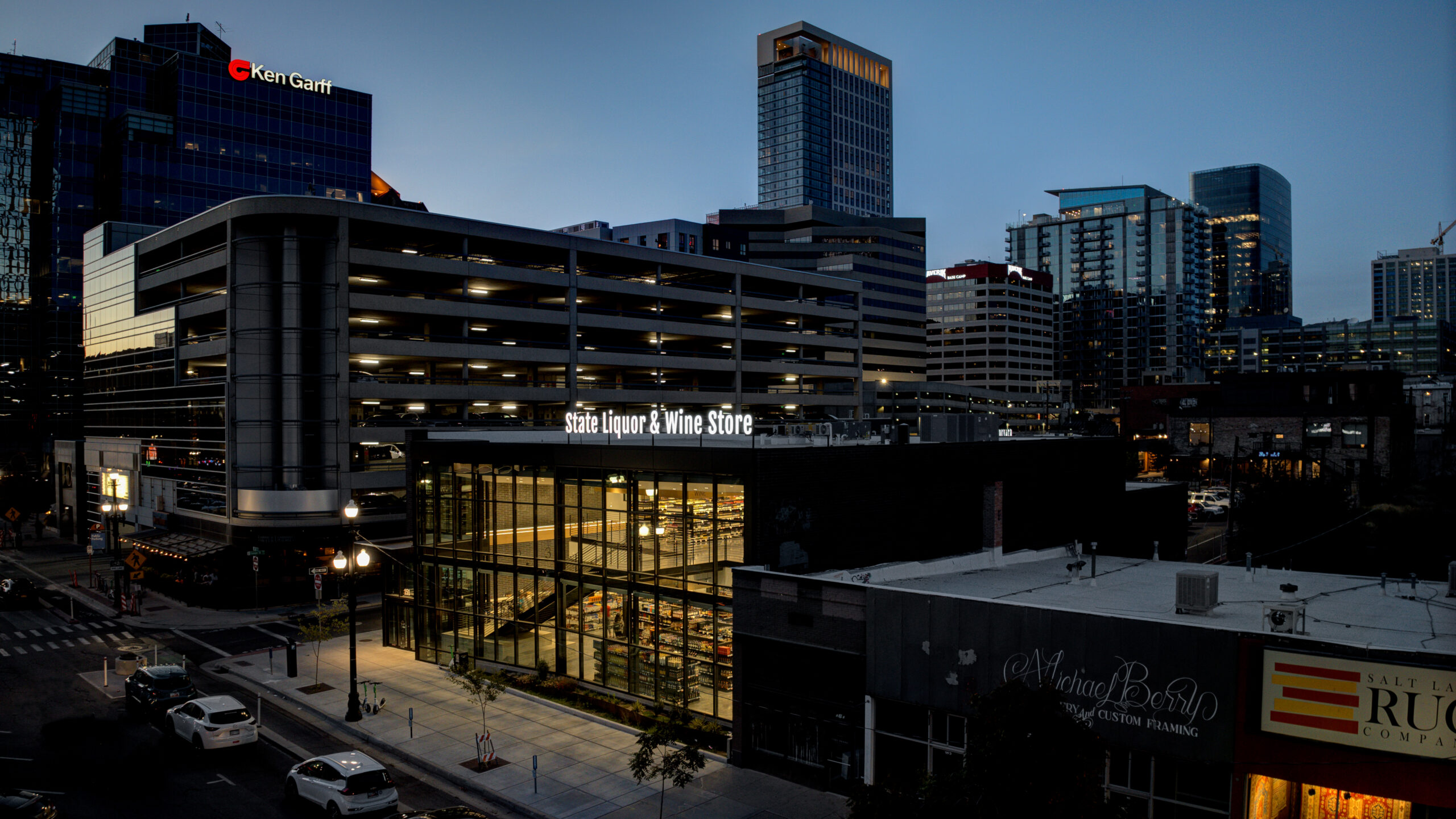 aerial view of DABS store #1 with downtown skyline